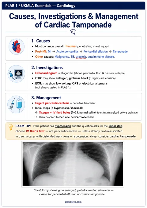 PLAB 1 and UKMLA chapter content preview: Cardiac Tamponade — Causes, Investigations & Management