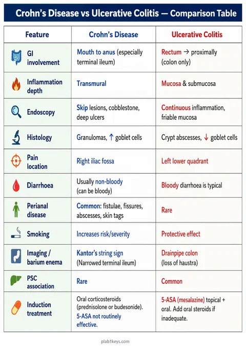 PLAB 1 and UKMLA chapter content preview: Crohn’s Disease vs Ulcerative Colitis — Comparison Table
