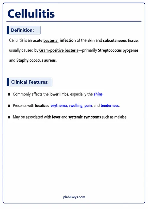 PLAB 1 and UKMLA chapter content preview: Cellulitis — Definition & Clinical Features
