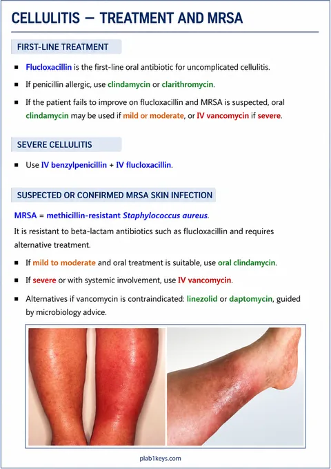 PLAB 1 and UKMLA chapter content preview: Cellulitis — Treatment & MRSA